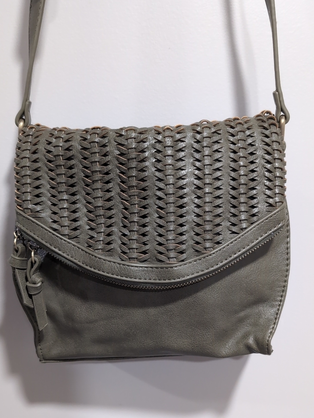 Sasha+Sofi Olive Green Crossbody Bag with A Woven Front Flap.